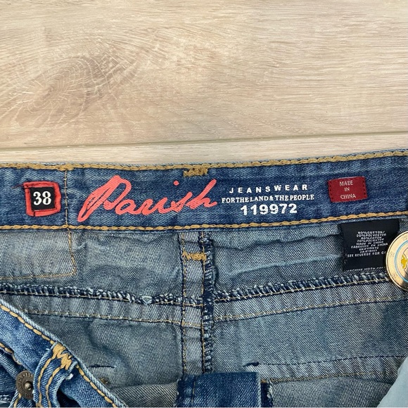 Y2K Distressed Parish Jeanswear Denim Mens Size 38x33 Embroidered Pants 00s - Picture 4 of 6